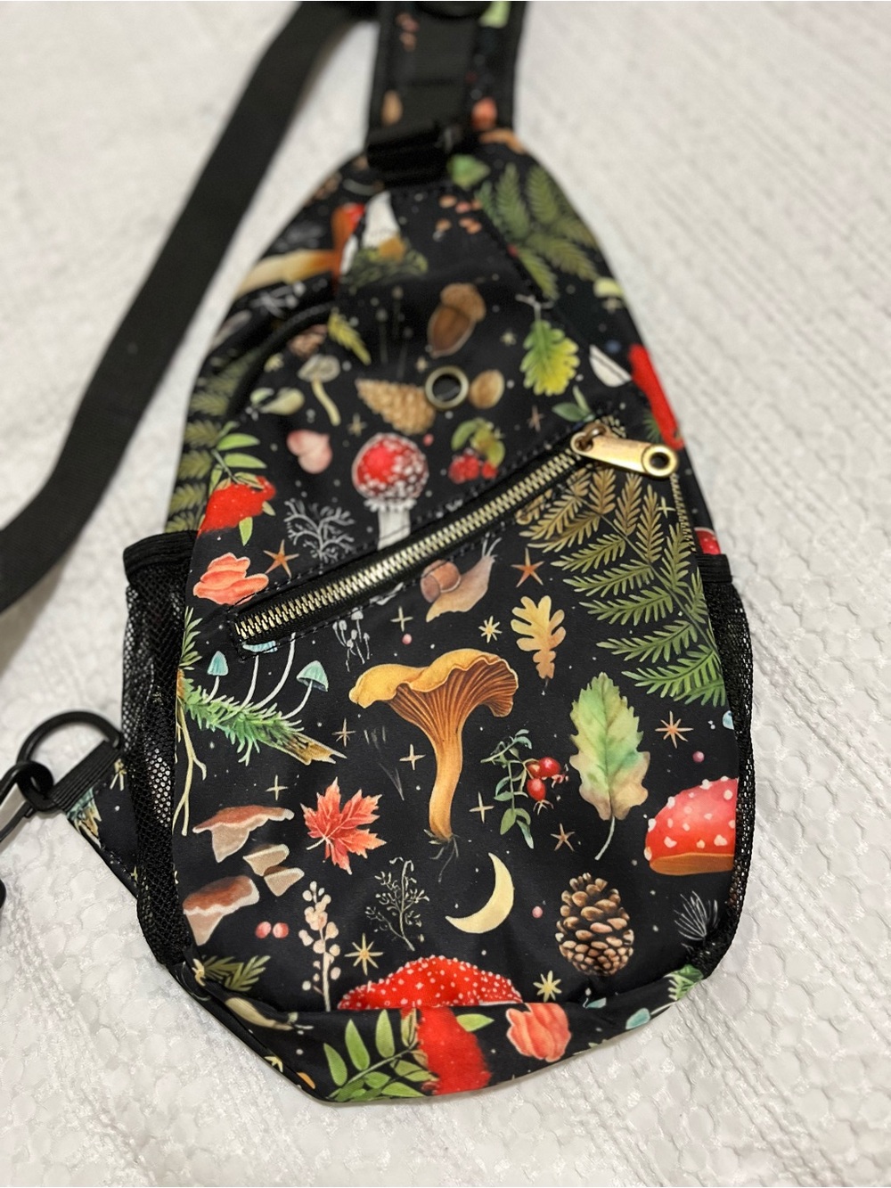 Mushroom Forest Print Sling Bag in Black with Vibrant Fungi Multi Compartments